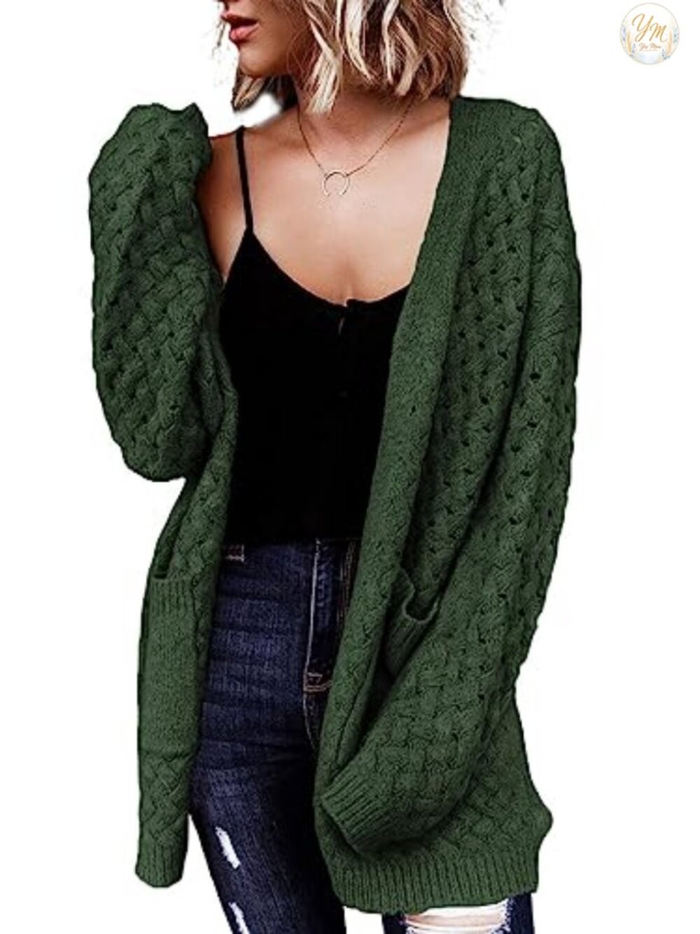 Cable Knit Cardigan Long Sleeve Open Front Sweater with Pockets